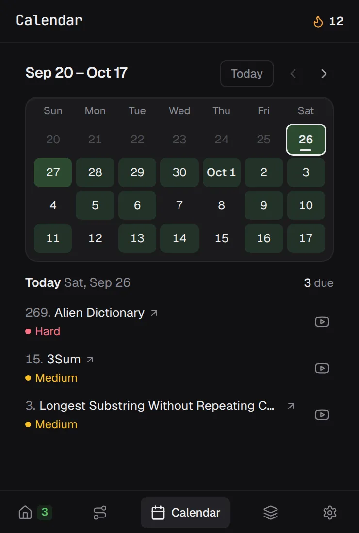 The LeetSRS calendar: a four-week forecast with three problems due today.