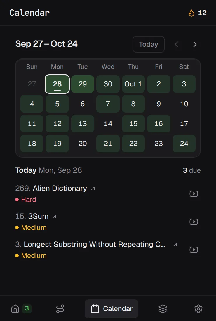 The LeetSRS calendar: a four-week forecast with three problems due today.