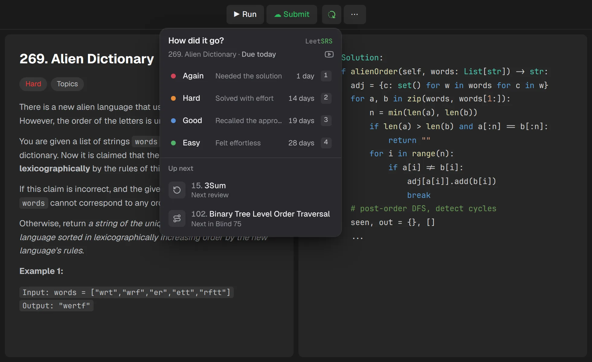 The LeetSRS rating panel open on a LeetCode problem, asking “How did it go?” with Again, Hard, Good, and Easy, and the next review date for each.