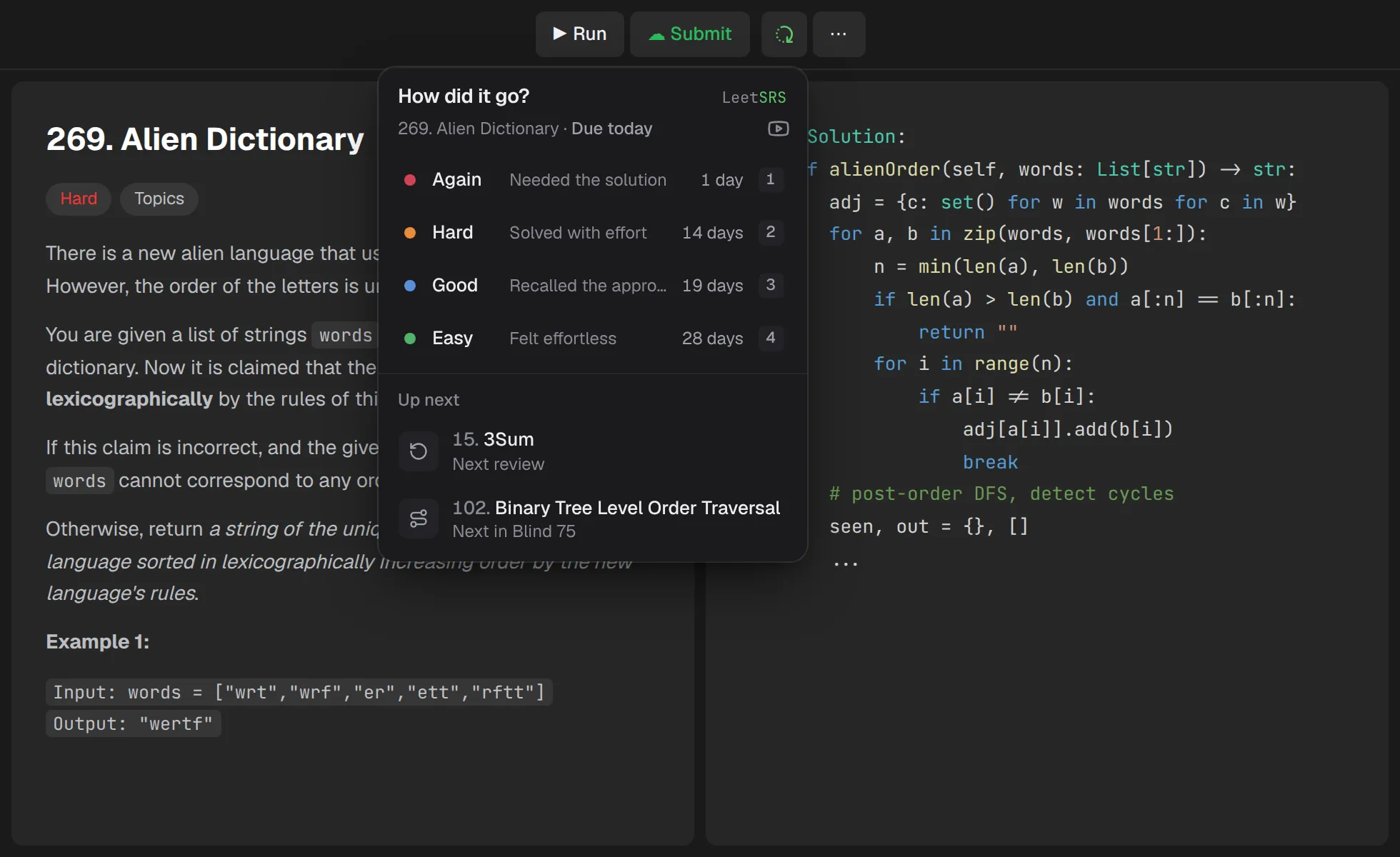 The LeetSRS rating panel open on a LeetCode problem, asking “How did it go?” with Again, Hard, Good, and Easy, and the next review date for each.
