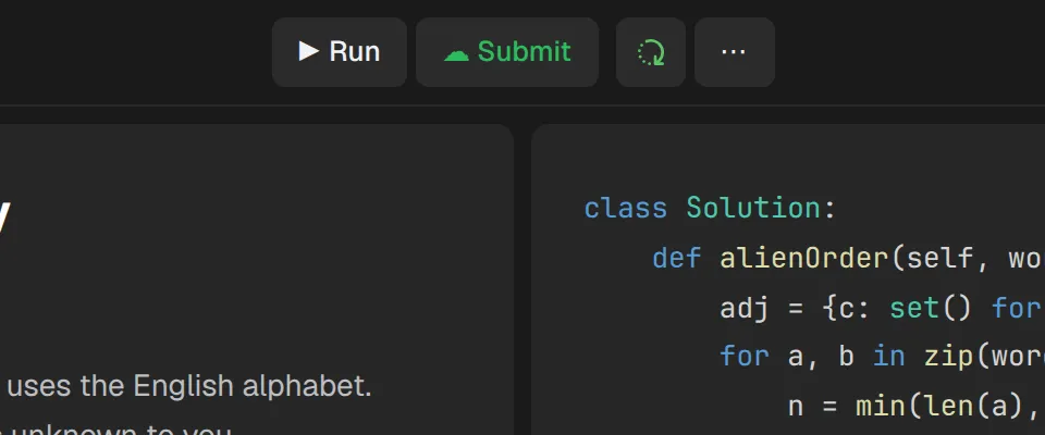 LeetCode's Run and Submit buttons, with the green LeetSRS button beside them.