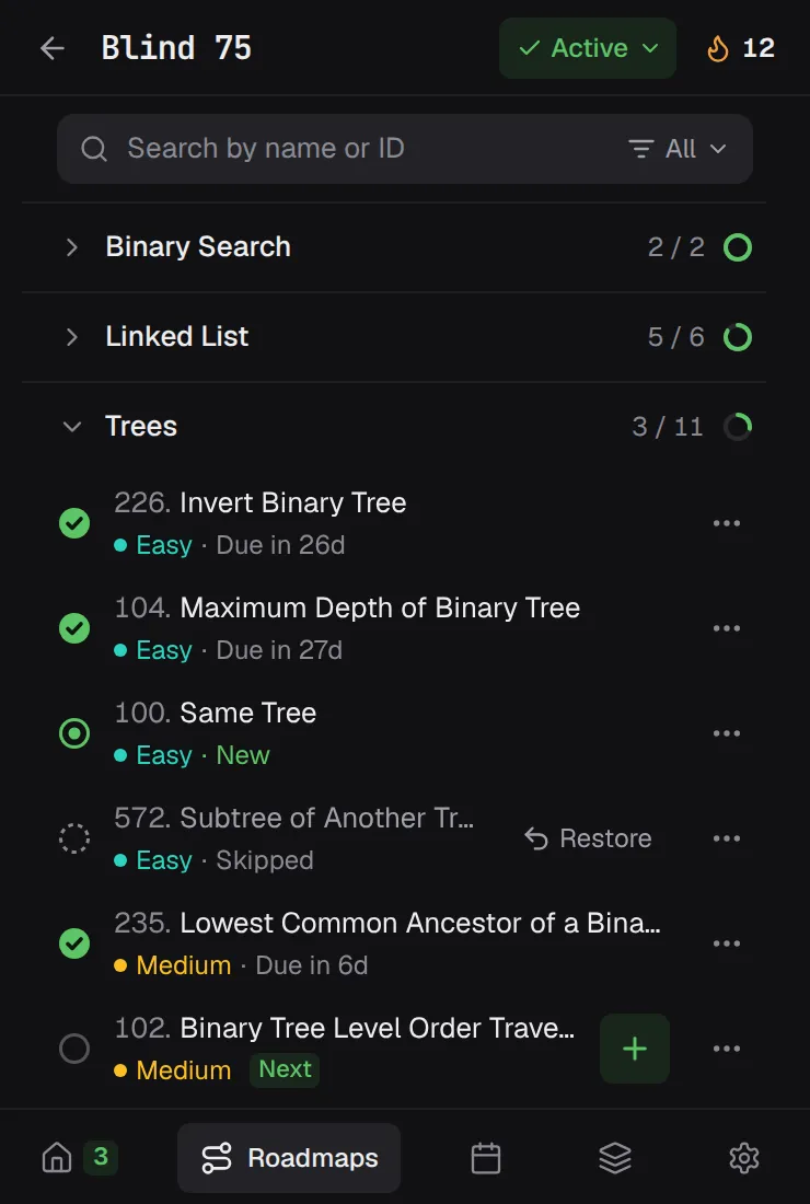 The Blind 75 roadmap in LeetSRS with the Trees topic open: reviewed problems with due dates, a new problem, a skipped problem, and the next suggested problem.
