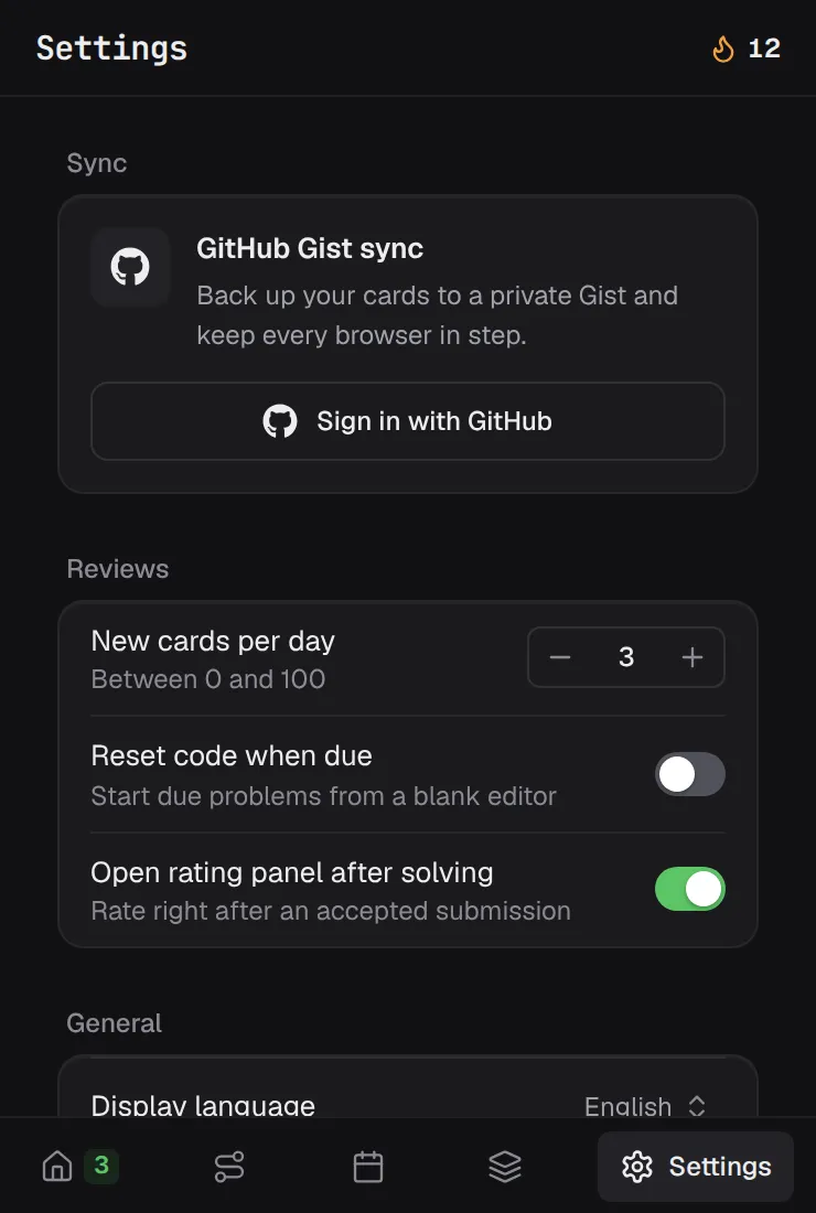 LeetSRS Settings: GitHub Gist sync, new cards per day, reset code when due, and open rating panel after solving.