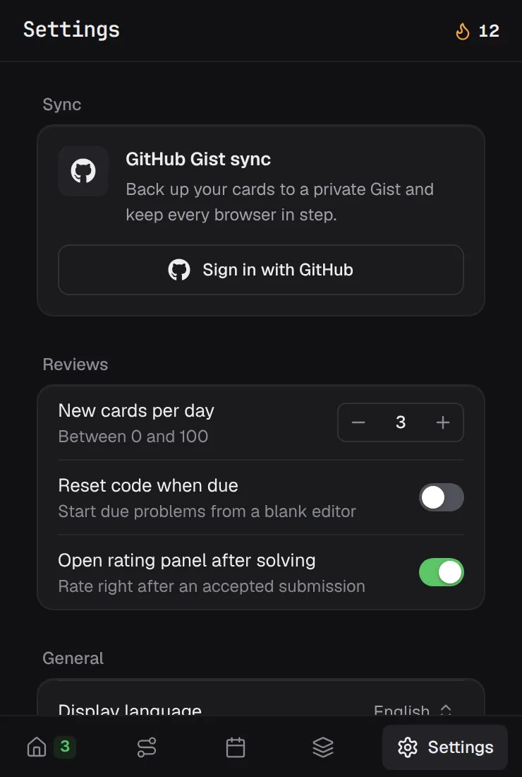LeetSRS Settings: GitHub Gist sync, new cards per day, reset code when due, and open rating panel after solving.